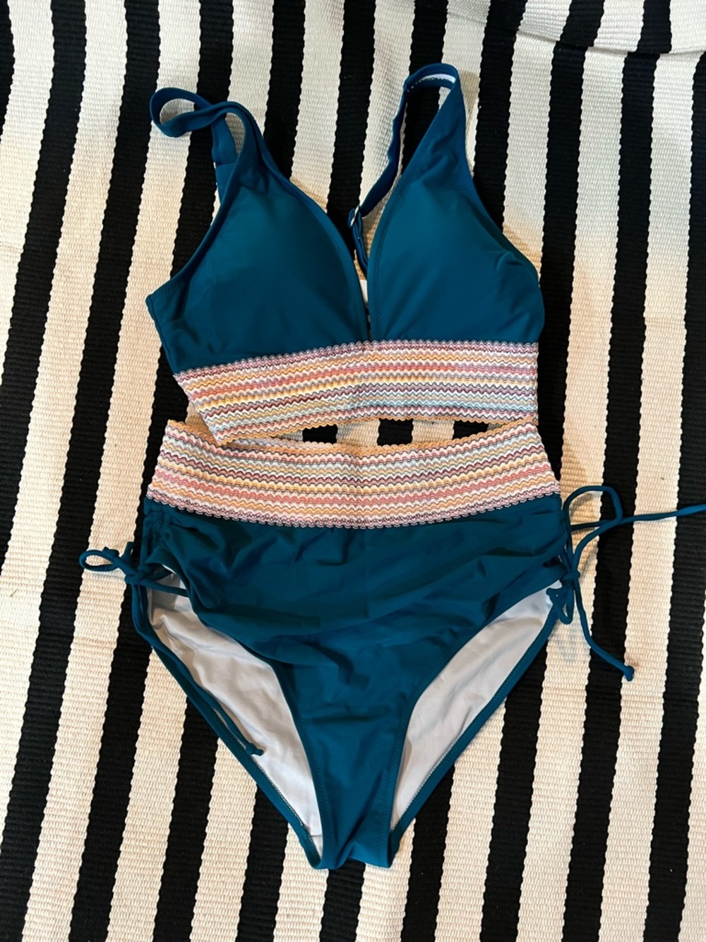 Women’s Teal Two-Piece Swim with Multicolor Waistband